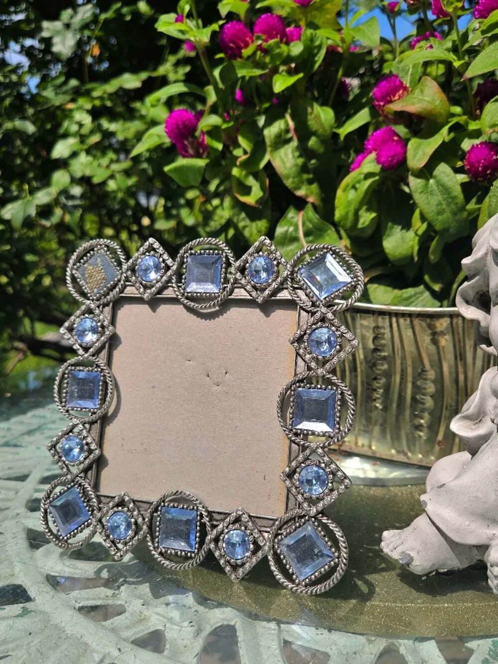 Vintage silver and light blue crystal glam vanity square picture frame
